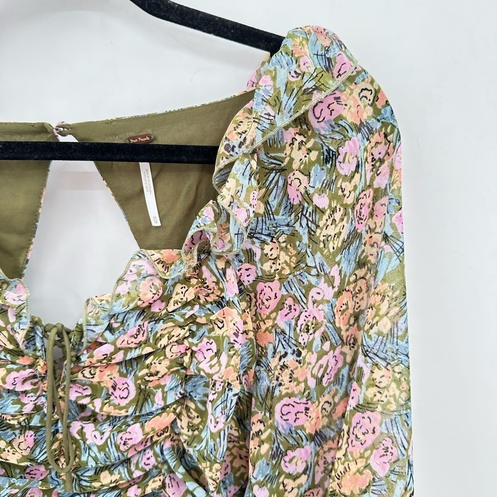 FREE PEOPLE MED Mabel garden combo woman ruch puff sleeve milkmaid floral blouse - Picture 6 of 15